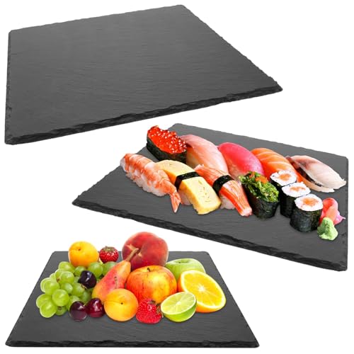 YAYODS Lot de 3 Plateau en Ardoise Naturelle 30x30 cm - Plat de Service Carré avec Revêtement Alimentaire - Planche à Sushi, Fromage et Antipasti pour...