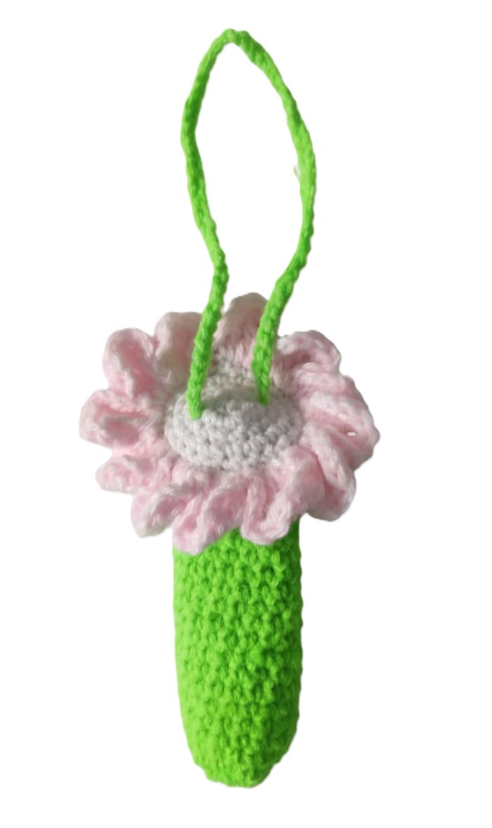 Handmade Crochet Lipstick Holder, Parrot Green and Pink Flower Design, 11cm Length-image-33