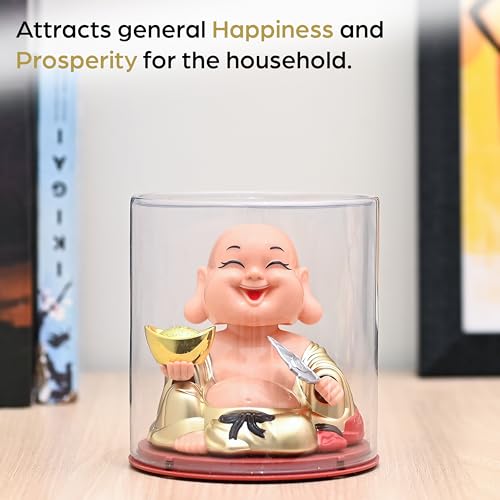 Image of ZAICUS Laughing Buddha Showpiece Holding Ingot & Fan | Home & Office Decor | Golden Baby Monk IdolFeng Shui Vastu Decorative Figurine for Good Luck & Prosperity | Gift for Housewarming