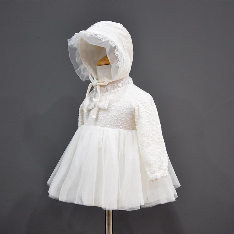 Baby Girl White Lace Dress Christening Bonnet Set, Long Sleeve Cotton Lined Baptism Dress Newborn Girl Spring Autumn Outfit4