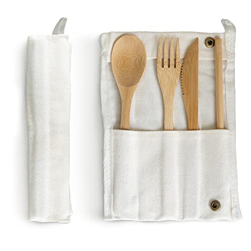 Bambus Besteck Set, wiederverwendbar, Besteck aus Bambus in praktischer Tasche, Campingbesteck, Picknickbedarf Outdoor (2er oder 4er) (4) Cover