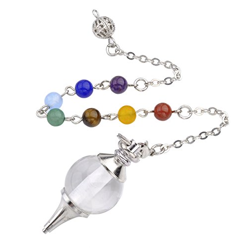 QGEM Pendule Radiesthésie Divination Pendentif Boule Bracelet Énergie en 7 Pierre Chakra(Quartz Cristal de Roche Blanc)