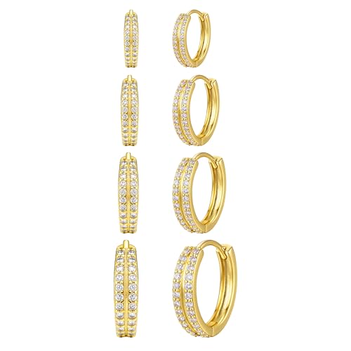 Image of Small Gold Huggie Hoop Earrings Set for Women Men Hypoallergenic 14K Plated Stack Cartilage Earrings, Sterling Silver Multiple Piercing Lightweight Mini Thin Cute Dainty Trendy Jewelry Gifts for Women