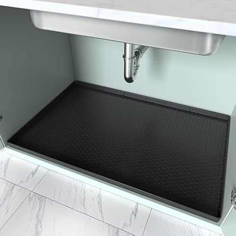 PoYang 34"x22" for Under Sink Mat: Silicone Under Sink Mats for Kitchen Waterproof, Kitchen Bathroom Sink Cabinet Protector Mat for Under Sink Liner, Under Sink Tray Prevent Drips Leaks, Black Cover