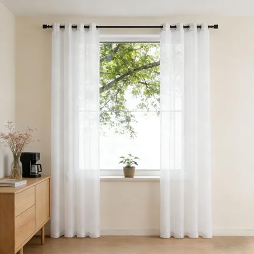HOKXUAN Cortinas Salon Translucidas 125 x 90 cm Decorativos Fácil de Limpiar y sin Arrugas Efecto Lino Poliester Visillo Translucido para Dormitorio, Blanco