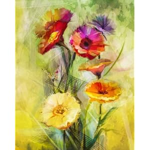 adrium Canvas foto 90 x 70 cm: Aquarel schilderij bloemen. Hand schilderen Stilleven Boeket van geel, oranje, witte gerbera-bloemen op Grunge Texturen, Afbeelding op Canvas