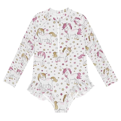 susiyo Gold Pink Glitter Unicorns Girls Long Sleeve One Piece Swimsuits Rash Guard Bathing Suit UPF 50+ Zipper Girl Swimwear