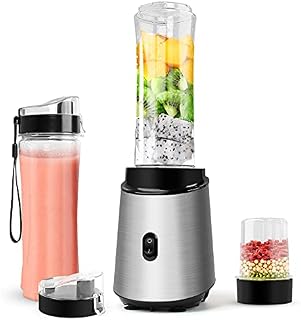 TENSWALLIII jzj-711 Personal Blender Mixer Smoothie Maker: Small Juice Food Machine Portable Blend Bottle 600ml X2 & Grinder - 400w,Silver