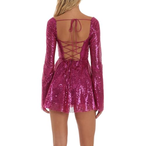 Image of Women Sparkle Sequins Mini Dress Sexy Tie Back Bodycon Dress Long Sleeve Shiny Evening Dresses Night Out Party Outfits