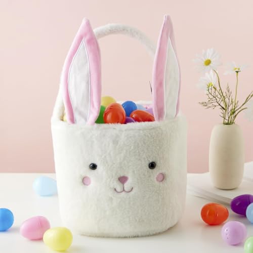 Image of Plush Bunny Basket for Easter Fluffy Easter with with Bunny Ears, Easter Egg Hunts Decorations Candy Gifts Storage (Pink White)