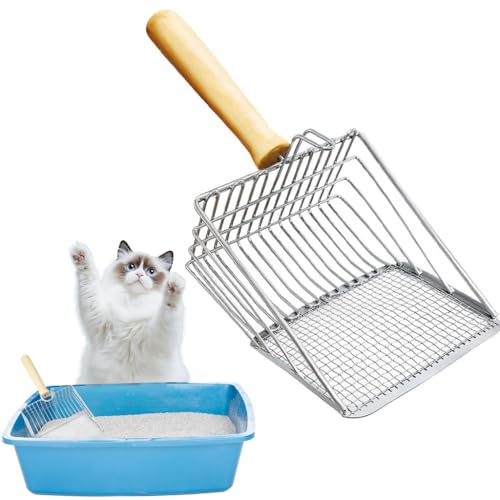 Qpets Cat Litter Scoop, Metal Cat Litter Scooper Wooden Handle Fast Sifter Cat Litter Scoop, Poop Scooper 2 Kinds of Sifter Hole for 3-10mm Clumping Clay Cat Litter