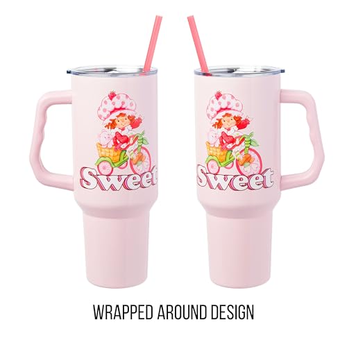 Image of Silver Buffalo Strawberry Shortcake and Custard inchSweet inch Double Walled Stainless Steel Tumbler with Handle, Fits in Standard Cup Holder, 40 Ounces