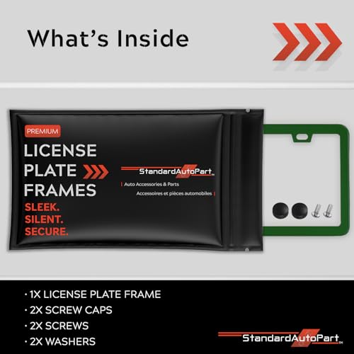 Image of Premium Slim Green License Plate Frame - 1 Piece, Rust-Free Stainless Steel & Rattle-Free, Street Legal, Universal with Screw Caps, Thin Edged Metal Front or Rear Car Tag Holder Unisex