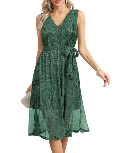 Missufe Damen Wickel V-Ausschnitt Ärmellos Swing Glitzer Cocktail Party Abendkleid mit Gürtel (Dunkelgrün, Mittel