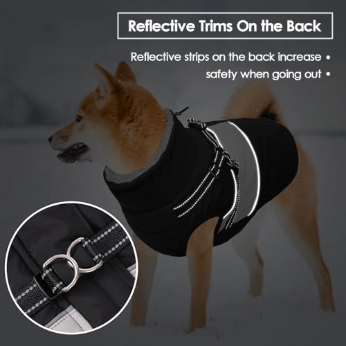 Image of Dog Coat for Large Dogs, Warm Pet Jacket Winter with Harness Built in, Waterproof Pet Snow Jacket with Furry Collar, Reflective Fleece Snowsuit for Extra Large Dogs, Black XL