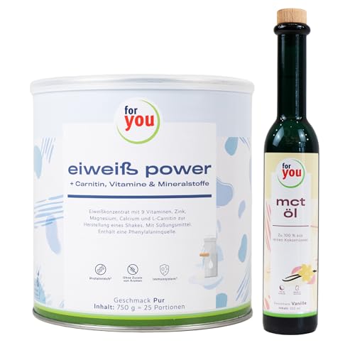 for you Power Eiweiß Pur + MCT-Öl Vanille Set – Protein Pulver nach Dr. Strunz (750g) & 250ml MCT Öl aus 100% Kokosöl | Low Carb Energy Bundle | Schnelle Energie & Muskelaufbau