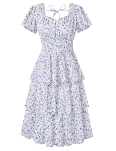 Image of Belle Poque Women's Vintage Square Neck Dress 2026 Summer Short Sleeve Layered Tiered Ruffle A-line Swing Midi Dress