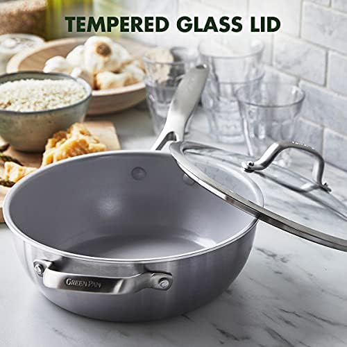 GreenPan Venice Pro Tri-Ply Stainless Steel Healthy Ceramic Nonstick 24 cm/3.4 Litre Chef Saute Pan with Helper Handle and Lid, PFAS-Free, Multi Clad, Induction,Oven Safe, Silver