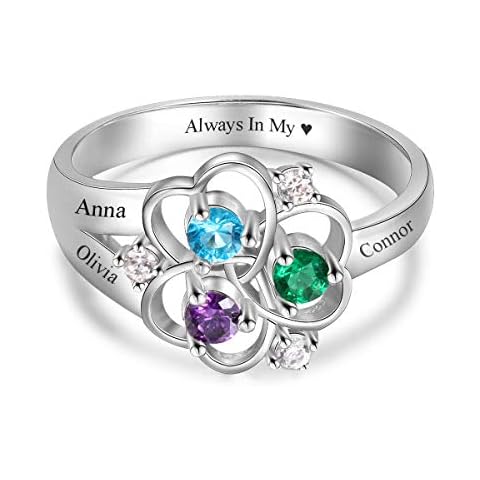 Lovejewelry Personalized Mother Daughter Rings with 3 Simulated Birthstones Names Flower Rings for Women Promise Rings for Her (Silver, 9) Cover