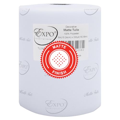 Expo International Decorative Matte Tulle, Roll/Spool of 6” X 200 Yards, Lightweight Polyester Tulle Fabric for Tutus, Costumes, and Party Decorations, Washable, Easy-to-Use, White