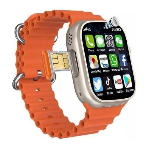 Image of SE HUB Smart Watch with 4G /5G SIM AMOLED Display, Bluetooth Calling, SpO2, Heart Rate Monitoring, Video Calling, 4GB+64GB Storage Long Battery Life 49 mm for Men & Women- Orange & Black Strap