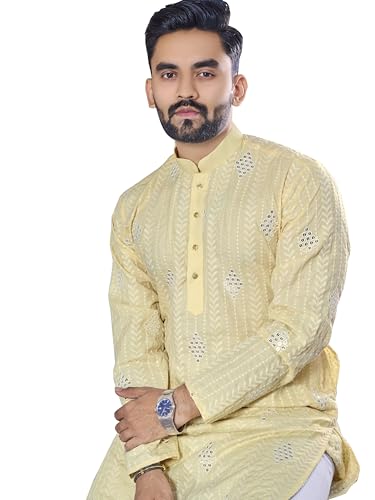 Men's Cotton Mirror Embroidered Traditional Kurta with Pajama Ethnic Wear Weddings & Festive Occasions B-VAN2