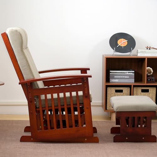 Image of Nursery Glider Rocker with Ottoman | Solid Hardwood Base, Smooth Quiet Motion for Adults, Easy Assembly, Light brown(Light brown)