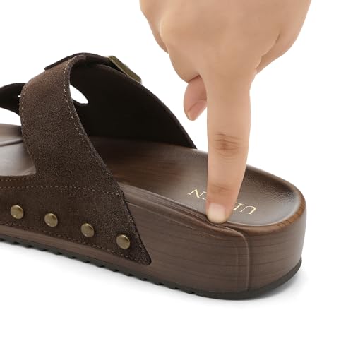 Image of UBFEN Womens Platform Slide Sandals | Real Leather,Buckle Sandals with Cushioned Flatform Footbed,Comfortable for Walking,Arch Support,Casual Styling