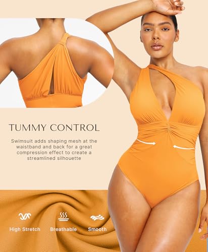 Image of SHAPELLX Women's One Piece Swimsuit Tummy Control Ruched Full Coverage Bathing Suit V Neck Slimming Swimwear