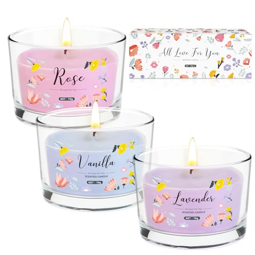 Set Regalo Candele Profumate per Donne, 3 X 70g, Candela Profumata Regalo Vetro,150 Ore, Cera di Soia al 100%, Candele da Viaggio Portatili per Alleviare Lo Stress, Regalo di Compleanno per Famiglia