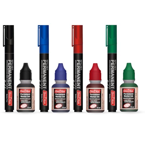 Image of Soni Officemate Permanent Marker Combo Mix | 4 Markers + 4 Marker Inks | Waterproof & Refillable | Multi-Surface Use | 4.43 mm Tip | Black, Blue, Red, Green