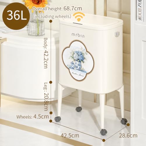 Image of MRBIN Metal Motion Sensor Kitchen Trash Can with Wheel Legs, 36L / 9.5gal Slim Waste Basket with Lid, Narrow Garbage Pail for Vanity, Living Room, Bathroom, Bedroom, Blue and White Porcelain