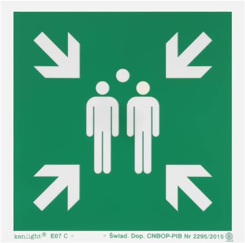 notlok Safety Work – Panneau Point de Rassemblement [15x15 cm] | Pictogramme évacuation photoluminescent en PVC + ruban adhésif de montage | DIN ISO 7010 |...