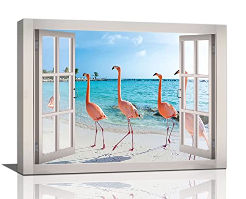 Toile murale 3D – Impressions sur toile de peintures à thème palmier tropical, océan côtier, flamant rose – Œuvre d'art encadrée pour salle de bain, salon, bureau – 40,6 x 30,5 cm