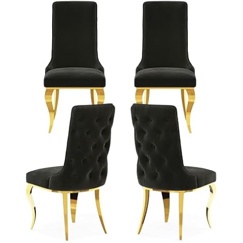 Anewsun Black and Gold Tufted Button Dining Chair, Velvet Dining Chair Set of 4, Luxury Heavy Duty High Back Dining Room Chair with Glossy Stainless Steel Legs Cover