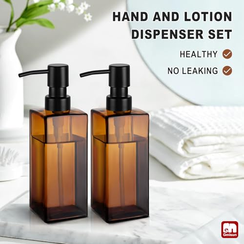 Image of GMISUN Amber Glass Soap Dispenser, Hand Soap Dispenser with Stainless Steel Pump for Bathroom, 12 fl oz /350ml Refillable Dish Dispensers for Kitchen, Modern Liquid Lotion Bottles for Countertop