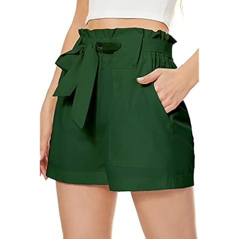 NEYOUQE high Waisted Flowy Tailored Trouser Shorts for Dresses Women Green Summer Ruffle Bow tie Shorts for Women 2024 Outfits Womens Wide Leg Beach Flowy Pants Casual Trendy with Pockets Green M Cover