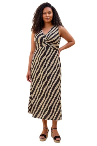 Image of Roman Originals Maxi Dress for Women UK Ladies Twist Knot Front Empire Waist Summer Party Casual Holiday Bohemian Beach Cruise Evening Long Sleeveless V Neck Jersey - Noir Beige Plus - Size 22-24