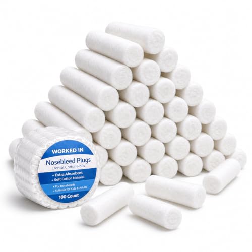 Worked In 1.6 Inch Nosebleed Plugs (100 Count) Dental Cotton Rolls Extra Absorbent First Aid Cotton for Nosebleeds Soft & Safe for Kids and Adults