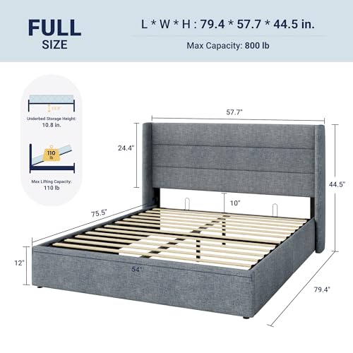 Image of Allewie Full Size Lift Up Storage Bed, Modern Wingback Headboard, Hydraulic Support, No Box Spring Needed, Grey Blue