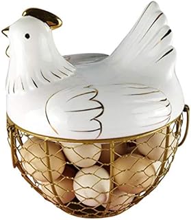 GSDGV Egg Storage Basket, Ceramic Chicken Shape Large Capacity Wire Egg Basket, Stainless Steel Cute Egg Holder OrganizerWith Lid for Kitchen Storage Decoration(White)