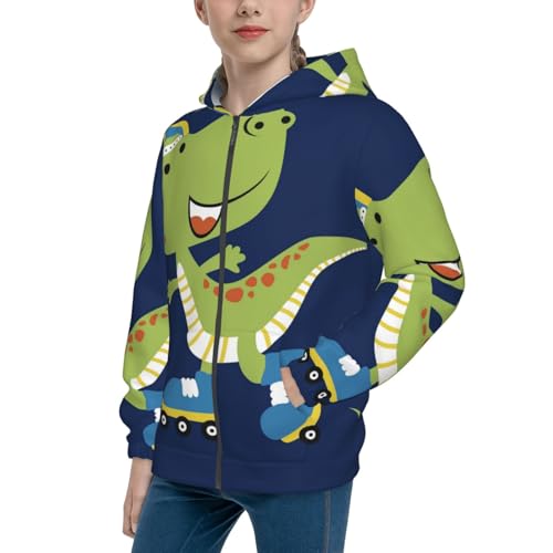 Dino Playing Roller Skate Kids Pullover Hoodies Boys Zip Up Sweatshirts Girls Athletic Clothes with Pocket