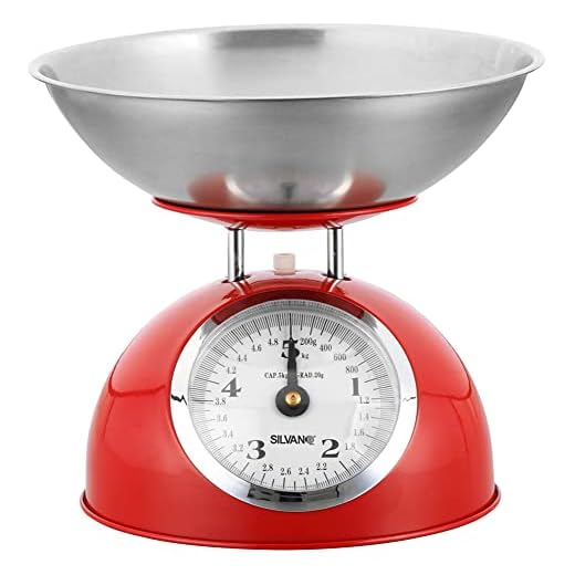 Báscula Cocina Silvano, Balanza de Alimentos, Diseño Retro, Pantalla Analógica, Alta Precision, Capacidad Máxima de 5 Kg, Cuenco de Acero Inoxidable Incluido, Color Rojo, Limpieza Sencilla