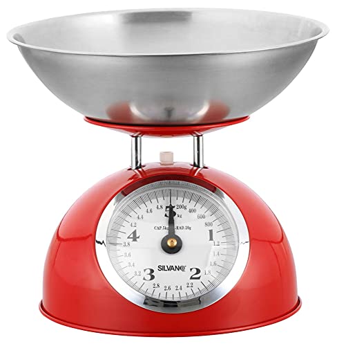 Báscula Cocina Silvano, Balanza de Alimentos, Diseño Retro, Pantalla Analógica, Alta Precision, Capacidad Máxima de 5 Kg, Cuenco de Acero Inoxidable Incluido, Color Rojo, Limpieza Sencilla