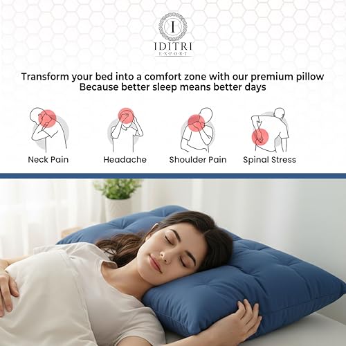 Image of Luxury Hotel Bed Pillow, Premium Microfiber Filling, Jacquard Fabric, Concealed Zipper, Breathable Washable Cover, Blue Comfort Bedding Cushion Soft, 68 x 45 x 25 cm