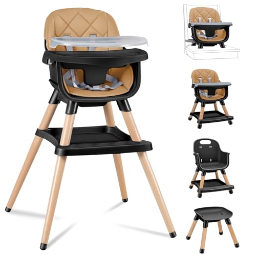 Babyliebe Baby High Chair 8 in 1 Convertible Wooden High Chair for Babies and Toddlers Converts to Booster Seat Toddler Chair & Stool with Removable Double Tray Adjustable Legs & Footrest (Brown)