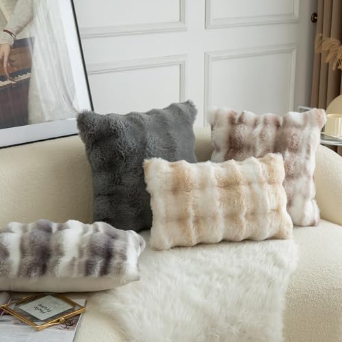 Image of MANDIOO Pack of 2 Thick Plush Wool Decorative Throw Pillow Covers Super Soft Wave Bubble Fur Velvet Cushion Covers Pillow Shams for Couch Bed Living Room 26x26 Inch White Gray