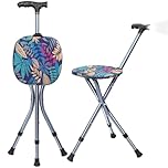 Folding Cane with Seat, Adjustable Walking Stick for Seniors with LED Light, Height Adjustment Cane Seat with Magnetic Massage Handle, Sturdy Crutches Stool, Supports up to 250 lbs