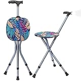 Folding Cane with Seat, Adjustable Walking Stick for Seniors, Lightweight Walking Cane with LED Light, Height Adjustment Cane Seat Chair, Portable Sturdy Crutches Stool,Supports up to 250 lbs