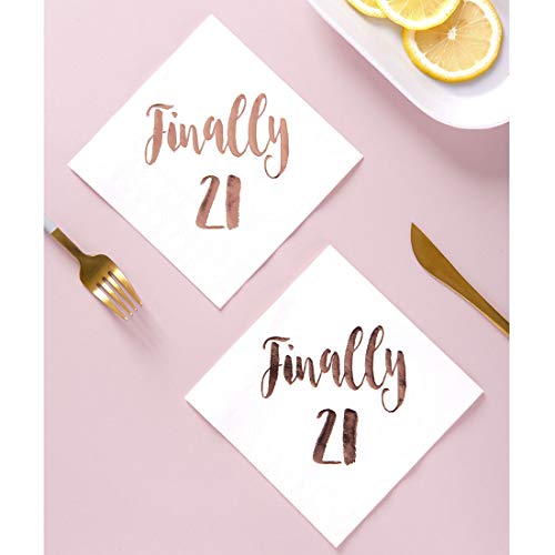 MAGJUCHE Finally 21 Cocktail Napkins, 50-Pack 3ply White Rose Gold 21st Birthday Dinner Celebration Party Decoration Napkin - Thumbnail 3